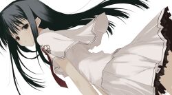 1girl black_eyes black_hair capelet closed_mouth collared_shirt crown_print expressionless floating_hair frilled_skirt frills long_hair looking_at_viewer necktie numata_eki red_necktie school_uniform shirt simple_background skirt solo straight_hair subarashiki_hibi takashima_zakuro white_background white_capelet white_shirt white_skirt
