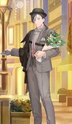 Rule 34 | 1boy, bouquet, bow, bowtie, brown hair, closed mouth, commentary request, fate/grand order, fate (series), feet out of frame, flower, formal clothes, game cg, glasses, green vest, grey eyes, grey hat, grey jacket, grey pants, hair between eyes, hair over shoulder, hand up, hat, holding, holding bouquet, jacket, kibadori rue, long hair, long sleeves, looking at viewer, low ponytail, male focus, necktie, official art, open clothes, open jacket, outdoors, pants, ponytail, prosthesis, prosthetic hand, round eyewear, shirt, side cape, smile, solo, standing, suit jacket, third-party source, vest, waistcoat, white bow, white bowtie, white necktie, white shirt, yamanami keisuke (fate), yamanami keisuke (fgo fes. 2025) (fate)