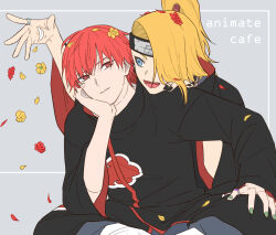 2boys akatsuki_uniform black_nails blonde_hair blue_eyes border deidara_(naruto) english_text extra_mouth eyeliner flower forehead_protector green_nails grey_background grin happy hayamin35 high_ponytail implied_yaoi long_hair makeup multiple_boys naruto_(series) naruto_shippuuden open_mouth ponytail red_flower red_petals sasori_(naruto) simple_background sitting smile throwing throwing_petals yellow_flower yellow_petals