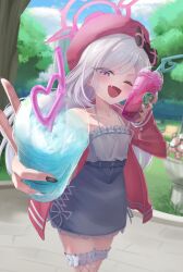 1girl absurdres blue_archive blue_skirt blush bow breasts camisole collarbone commentary drink fang fishnet_thighhighs fishnets halo hat highres holding holding_drink jacket long_hair looking_at_viewer mutsuki_(blue_archive) nail_polish one_eye_closed open_mouth outdoors pink_halo purple_eyes red_hat red_jacket shizuki_eri skirt small_breasts smile solo thighhighs white_hair