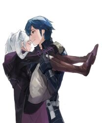 1boy 1girl belt black_gloves black_robe blue_eyes blue_hair boots brown_boots carrying chrom_(fire_emblem) closed_mouth commentary_request couple female_robin_(fire_emblem) fire_emblem fire_emblem_awakening gimkamres04 gloves hetero hooded_robe knee_boots long_hair long_sleeves nintendo panties pants princess_carry robe short_hair simple_background smile standing twintails underwear white_background white_belt white_hair white_panties white_pants
