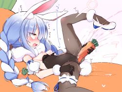 1girl animal_ear_fluff animal_ears ass black_gloves black_leotard black_pantyhose blue_hair blush braid breasts breasts_out cameltoe carrot commentary_request covered_clitoris covered_navel crotch_rub don-chan_(usada_pekora) ejaculation_under_clothes erect_clitoris female_ejaculation female_ejaculation_through_clothes female_masturbation female_orgasm frilled_thigh_strap from_side fur_scarf gloves highres hololive leg_up legs leotard leotard_pull long_hair lying masturbation morino_donguri nipples on_back open_mouth orgasm pantyhose pussy_juice rabbit_ears rabbit_girl rabbit_tail red_eyes rolling_eyes scarf shoes small_breasts smile solo spread_legs strapless strapless_leotard tail thigh_strap thighs twin_braids twintails usada_pekora usada_pekora_(1st_costume) very_long_hair virtual_youtuber white_scarf white_shoes