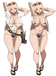 1girl absurdres bandaid bandaid_on_face bandaid_on_nose bikini blue_bikini blue_eyes blunt_ends blush bracelet breasts cameltoe centi_(nikke) centi_(ocean_repair)_(nikke) collarbone commentary_request curvy eyewear_on_head feet gluteal_fold goddess_of_victory:_nikke heart heart-shaped_eyewear highres jewelry large_breasts long_hair micro_bikini multiple_views navel neck necklace official_alternate_costume open_mouth parted_bangs partially_undressed sandals screwdriver shirt sideboob simple_background sleeves_rolled_up smile stomach sunglasses sweat swimsuit tape_measure thigh_gap thighs tied_shirt toes toolbox underboob white_background white_shirt wrench yabai_gorilla