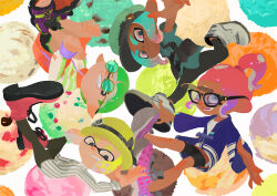 2boys 2girls absurdres aqua-tinted_eyewear aqua_eyes aqua_hair artist_request black-framed_eyewear black_leggings black_shorts blonde_hair blue_haori boots bowl_cut closed_mouth dynamic_pose flip-up_eyewear floating food food-themed_background glasses green_hair grin haori happy hat highres ice_cream inkling inkling_boy inkling_girl inkling_player_character japanese_clothes leggings long_sleeves looking_at_viewer midair multiple_boys multiple_girls nintendo no_lineart octoling octoling_boy octoling_girl octoling_player_character official_art open_mouth outstretched_arms pink_boots pink_eyes pink_hair pink_shoes pointy_ears round_eyewear sandals shirt shoes shorts smile splatoon_(series) splatoon_3 split_mouth striped_clothes striped_shirt third-party_source tinted_eyewear white_background white_boots white_shirt yellow_eyes yellow_hat