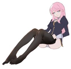 Rule 34 | 1girl, ass, black pantyhose, black thighhighs, blue eyes, breasts, clothes pull, dress, enicia (enicia to keiyaku mon), enicia to keiyaku mon, hair between eyes, highres, long legs, looking down, medium breasts, nun, panties, pantyhose, pantyshot, pink hair, pleated skirt, simple background, sitting, skirt, straydogshelter, thighhighs, thighs, underwear, white background, white panties
