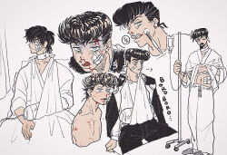 Rule 34 | 1boy, absurdres, aqua eyes, arm sling, bandage on face, bandaged arm, bandaged neck, bandages, bandaid, bandaid on face, bed, black jacket, blood, blood on face, broken arm, cast, diamond wa kudakenai, flat color, gakuran, grimace, heart, higashikata josuke, highres, hospital, hospital bed, hospital gown, intravenous drip, iv stand, jacket, jojo no kimyou na bouken, licking lips, male focus, multiple views, nosebleed, open mouth, pants, partially colored, peace symbol, pompadour, school uniform, shirt, short hair, slippers, t 0nd, tongue, tongue out, white eyes