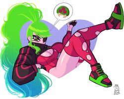 alternate_hair_color cleavage_cutout clothing_cutout eyepatch green_hair high_ponytail high_tops highres jaliet_exe justin_bailey leggings leotard metroid metroid_(creature) nintendo pink_leotard ponytail samus_aran shoes sneakers torn_clothes torn_leggings yellow_eyes zero_suit
