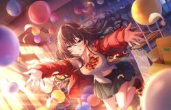 Rule 34 | 1girl, balloon, blue eyes, bow, box, brown hair, cardboard box, cardigan, chalkboard, chalkboard writing, classroom, desk, feathers, game cg, grey skirt, grin, ichinose shiki, idolmaster, idolmaster cinderella girls, idolmaster cinderella girls starlight stage, indoors, japanese text, navel, off shoulder, official art, outstretched arms, red cardigan, school desk, school uniform, shirt, skirt, smile, solo, star (symbol), sunlight, sunset, white shirt