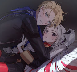 1boy 1girl arm_guards armored_gloves blonde_hair blue_capelet blue_eyes blush boy_on_top cape capelet clenched_teeth commentary_request couple dark_room dimitri_alexandre_blaiddyd edelgard_von_hresvelg embarrassed fire_emblem fire_emblem:_three_houses from_side garreg_mach_monastery_uniform gloves hair_between_eyes hand_on_another&#039;s_chest hetero highres ikaikakka indoors leaning_forward long_hair long_sleeves looking_at_viewer looking_to_the_side lying nintendo on_back parted_bangs parted_lips pink_lips purple_eyes red_cape shade short_hair sweatdrop teeth white_gloves white_hair wide-eyed
