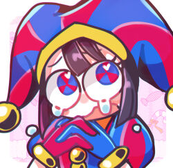 Rule 34 | 1girl, asymmetrical gloves, blue eyes, blue gloves, blush stickers, brown hair, colored skin, detached eyes, gloves, hat, hat bell, highres, jester, jester cap, jester costume, mismatched gloves, multicolored eyes, multicolored hat, pomni (the amazing digital circus), puffy sleeves, red eyes, red gloves, short hair, short sleeves, solo, squiggle eyes, striped clothes, striped headwear, tearing up, the amazing digital circus, two-tone eyes, upper body, user yhkv7287, vertical-striped bodysuit, vertical-striped clothes, vertical-striped headwear, white skin