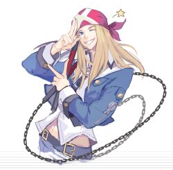 Rule 34 | 1boy, axl low, blonde hair, blue eyes, blue jacket, doggie eki, guilty gear, guilty gear xrd, highres, jacket, kama (weapon), kusarigama, long hair, long sleeves, male focus, navel, one eye closed, sickle, smile, star (symbol), upper body, v, weapon