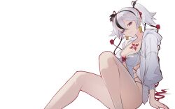 Rule 34 | 1girl, absurdres, alternate costume, bare legs, black eyes, black flower, breasts, camellya (wuthering waves), cleavage, closed mouth, collarbone, commentary, earrings, feet out of frame, flower, gold earrings, hair between eyes, hair flower, hair ornament, hair vines, highres, hood, hood down, hooded jacket, jacket, jewelry, legs, light smile, looking at viewer, medium breasts, open clothes, open jacket, qiangwei796, red pupils, short hair, short twintails, sitting, solo, tacet mark (wuthering waves), thighs, twintails, white hair, white jacket, wuthering waves