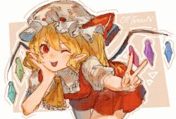 1girl ascot blonde_hair border bow cowboy_shot crystal crystal_wings flandre_scarlet hat hat_bow leaning_forward looking_at_viewer mob_cap oftooon one_eye_closed open_mouth pointy_ears puffy_short_sleeves puffy_sleeves red_bow red_eyes red_vest short_hair short_sleeves smile solo touhou v vest white_border wings yellow_ascot
