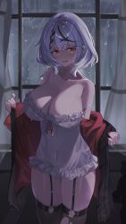 1girl absurdres breasts dress highres large_breasts leg_ring thighhighs tight_clothes white_dress