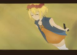 blonde_hair dress el_cazador_de_la_bruja ellis ellis_(el_cazador_de_la_bruja) closed_eyes flower gun head_wreath highres simple_background thighhighs vest