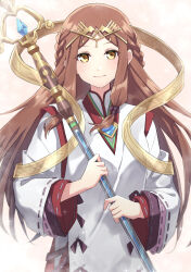 1girl brown_eyes brown_hair circlet commentary_request crosier fan_la_norne hagoromo highres holding holding_staff layered_sleeves long_hair long_sleeves looking_at_viewer shawl shinae smile staff upper_body xenoblade_chronicles_(series) xenoblade_chronicles_2