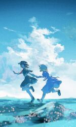 Rule 34 | 2girls, absurdres, black capelet, black shoes, black skirt, blonde hair, blue sky, brown hair, capelet, circle yomado, cloud, dress, full body, hat, highres, holding hands, long sleeves, looking at another, maribel hearn, medium hair, mob cap, multiple girls, necktie, ocean, open mouth, purple dress, red necktie, running, shirt, shoes, skirt, sky, smile, socks, touhou, usami renko, white shirt, white socks