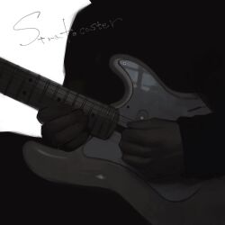 1other black_hoodie black_pants electric_guitar english_text fender_stratocaster guitar highres hood hoodie instrument kgm long_sleeves original pants simple_background solo white_background