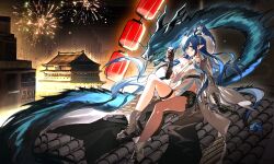 1girl absurdres aerial_fireworks architecture arknights bare_legs black_gloves black_shorts blue_eyes blue_hair boots breasts coat cup dragon dragon_girl dragon_horns dragon_tail earrings east_asian_architecture elbow_gloves fireworks full_body gloves highres holding holding_cup horns jewelry lantern large_breasts ling_(arknights) long_hair looking_at_viewer mie_xing necktie night pointy_ears shirt short_shorts shorts sitting smile solo tail thigh_strap very_long_hair white_coat
