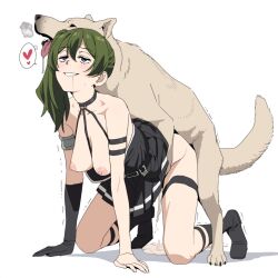 1boy 1girl animal_ears bestiality breasts clothed_sex cum cum_in_pussy dog dog_ears grey_hair heart highres long_hair medium_breasts nipples open_mouth ponytail saliva saliva_trail sex sex_from_behind simple_background smile sousou_no_frieren speech_bubble tongue tongue_out ubel_(sousou_no_frieren) white_background