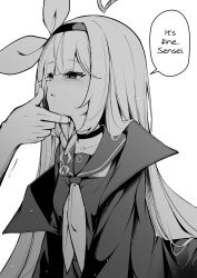Rule 34 | 1boy, 1girl, absurdres, blue archive, blunt bangs, choker, clover dot (clov erd), coat, commentary, english text, greyscale, hairband, halo, hand on another&#039;s chin, highres, long hair, monochrome, neckerchief, open clothes, open coat, parted lips, plana (blue archive), sailor collar, shirt, simple background, solo focus, speech bubble, white background