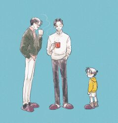 3boys akai_shuuichi blue_background cup edogawa_conan facial_hair father_and_son full_body glasses hand_in_pocket highres holding holding_cup kudou_yuusaku male_focus meitantei_conan multiple_boys mustache nanteiiyoru one_eye_closed profile simple_background slippers smile smoke sweatdrop