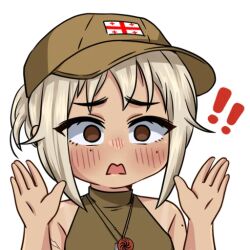 ! !! 1girl blonde_hair blush breasts brown_eyes dog_tags embarrassed empty_eyes georgian_flag green_shirt halterneck hands_up hat jewelry korzynka_persykiv medium_breasts mole necklace nika_(usergore) non-web_source open_mouth original peaked_cap ponytail russo-ukrainian_war scar scar_on_arm shirt short_hair sleeveless sleeveless_shirt solo tan transparent_background
