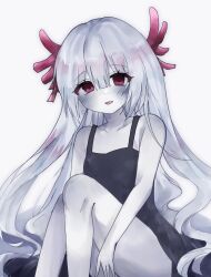 1girl a_xme agar_agar_cookie black_dress colored_skin cookie_run cookie_run:_kingdom dress highres hime_cut humanization long_hair looking_at_viewer nude open_mouth red_eyes slime_(substance) smile solo straight_hair white_hair white_skin