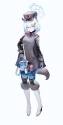 Rule 34 | 1girl, absurdres, animal ears, blue archive, blue eyes, blue hair, blue halo, boots, breasts, capelet, commentary request, dress, full body, gloves, grey capelet, grey dress, grey gloves, grey hat, gun, halo, hat, highres, holding, holding gun, holding weapon, looking at viewer, medium breasts, shigure (blue archive), shinba233, simple background, solo, tail, weapon, weasel ears, weasel tail, white background, white boots
