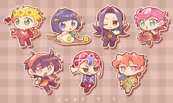 6+boys animal argyle_clothes argyle_hat argyle_sweater black_coat black_eyes black_hair black_necktie black_pants blonde_hair blue_sweater bruno_bucciarati bug chibi chibi_only clothing_cutout coat coco_jumbo commentary_request dated giorno_giovanna green_eyes green_jacket green_pants guido_mista gun hair_between_eyes hat headband highres holding holding_animal holding_gun holding_teapot holding_turtle holding_weapon insect jacket jojo_no_kimyou_na_bouken ladybug leone_abbacchio long_hair long_skirt male_focus multiple_boys narancia_ghirga necktie one_eye_closed orange_hair orange_headband orange_skirt pannacotta_fugo pants pink_hair pink_jacket pink_pants pink_skirt purple_eyes red_hat red_pants rizometa28 short_hair skirt sweater teapot trish_una vento_aureo weapon white_jacket zipper_pull_tab