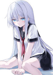 1girl anchor_symbol between_legs black_sailor_collar black_skirt blue_eyes blush commentary_request feet_out_of_frame grey_hair hair_between_eyes hand_between_legs hibiki_(kancolle) highres kantai_collection long_hair looking_at_viewer neckerchief parted_lips pleated_skirt red_neckerchief sailor_collar school_uniform serafuku shadow shikuro_(iorimiyakiyo) shirt short_sleeves simple_background skirt solo very_long_hair white_background white_shirt
