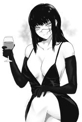 1girl artist_name bare_shoulders breasts chainsaw_man crossed_legs cup dress drinking_glass elbow_gloves gloves greyscale hand_on_own_knee highres holding holding_cup long_hair looking_at_viewer miyajiwm monochrome ringed_eyes scar scar_on_face simple_background sitting sleeveless solo white_background wine_glass yoru_(chainsaw_man)