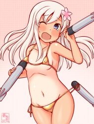 Rule 34 | 1girl, alternate costume, artist logo, bikini, blonde hair, blue eyes, commentary request, cosplay, covered erect nipples, cowboy shot, dated, flower, gold bikini, gradient background, groin, hair flower, hair ornament, kanon (kurogane knights), kantai collection, logo, long hair, micro bikini, one-hour drawing challenge, one-piece tan, pink background, ro-500 (kancolle), side-tie bikini bottom, solo, swimsuit, tan, tanline, torpedo launcher