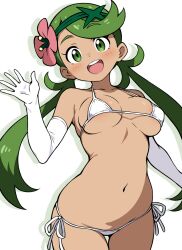 1girl :d areola_slip bikini blush breasts covered_erect_nipples cowboy_shot dark-skinned_female dark_skin ecgg_(tsuji418477) elbow_gloves flower gloves green_eyes green_hair grey_background hair_flower hair_ornament highres long_hair looking_at_viewer mallow_(pokemon) medium_breasts micro_bikini navel nintendo open_hand open_mouth pokemon pokemon_sm side-tie_bikini_bottom simple_background smile solo stomach swimsuit twintails very_long_hair white_bikini white_gloves
