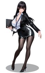 Rule 34 | 1girl, :q, black eyes, black hair, black jacket, black pantyhose, black skirt, blazer, blunt bangs, blush, bra visible through clothes, breasts, brown eyes, brown pantyhose, cleavage, closed mouth, collarbone, collared shirt, contrapposto, dress shirt, folder, formal clothes, full body, high-waist skirt, high heels, highres, holding, id card, jacket, lanyard, large breasts, licking lips, long hair, long sleeves, looking at viewer, miniskirt, mole, office lady, open clothes, open jacket, original, pantyhose, partially unbuttoned, pencil skirt, shadow, shirt, shirt tucked in, simple background, skirt, smile, solo, standing, straight hair, suit, thighs, tongue, tongue out, volyz, white background, white shirt, wing collar
