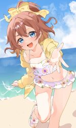 1girl :d absurdres beach bikini bikini_skirt blue_eyes blue_sky blush bow brown_hair cloud collarbone day fang floral_print hair_between_eyes hair_bow highres hinata_chinatsu hood horizon jacket long_hair looking_at_viewer navel ocean one-hour_drawing_challenge ongeki open_mouth outdoors ponytail sand sandals sky smile solo standing standing_on_one_leg swimsuit taktalfine virtual_youtuber water
