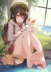 1girl :d barefoot brown_bag brown_hair cameltoe cardigan creatures_(company) eevee feet game_freak gen_1_pokemon gen_8_pokemon gloria_(pokemon) green_hat grey_cardigan hat highres hood hooded_cardigan long_hair nintendo open_mouth orange_eyes panties pantyshot poke_ball pokemon pokemon_(creature) pokemon_swsh red_shirt scorbunny shirt sitting sleeping smile soles synring97 toes underwear very_long_hair