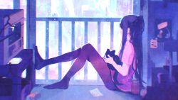 1girl absurdres animal black_pantyhose can cat cityscape commentary english_commentary fore_(va-11_hall-a) full_body hangariita highres holding holding_animal holding_cat indoors jill_stingray long_hair long_sidelocks looking_outside pantyhose rnna sidelocks sitting slut_shirt twintails va-11_hall-a