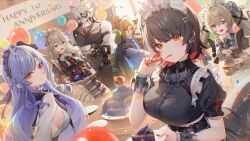 Rule 34 | 2boys, 4girls, absurdres, alexandrina sebastiane, belt, black belt, black dress, black gloves, black hair, blue hair, breasts, cake, cake slice, chihiro ayaka, cleavage, corin wickes, dress, ellen joe, fins, fish tail, food, gloves, green hair, grey hair, happy anniversary, highres, holding, holding plate, hugo vlad, indoors, long sleeves, looking at viewer, maid, maid headdress, multicolored hair, multiple boys, multiple girls, open mouth, partially fingerless gloves, plate, pointy ears, red eyes, red hair, second-party source, shark girl, shark tail, short hair, short sleeves, sideboob, smile, streaked hair, tail, twintails, utensil in mouth, vivian banshee, von lycaon, white hair, zenless zone zero