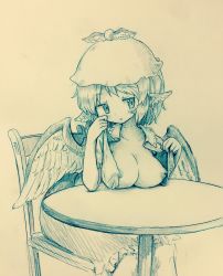 1girl arinu bird_wings blush breast_rest breasts breasts_on_table breasts_out chair collarbone commentary dress earrings feathered_wings female_focus flashing graphite_(medium) hat highres jewelry large_breasts medium_hair monochrome mystia_lorelei nipples no_bra open_clothes oppai_challenge round_table sitting sketch solo table touhou traditional_media wings