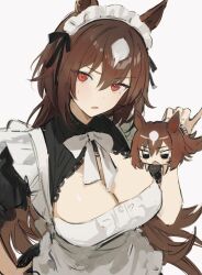1girl alternate_costume animal_ears apron blush_stickers bow breasts brown_hair cleavage cocontoozai dress ear_ornament enmaided frilled_dress frills grey_background hair_between_eyes highres horse_ears horse_girl large_breasts long_hair looking_at_viewer maid maid_apron maid_headdress multicolored_hair open_mouth red_eyes simple_background sirius_symboli_(umamusume) streaked_hair umamusume upper_body very_long_hair white_bow white_hair