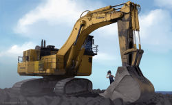 1girl artist_name black_hair cloud cloudy_sky construction dated dead-robot excavator from_behind komatsu_pc2000 machinery mixed-language_commentary motor_vehicle naked_overalls original outdoors overalls ponytail rock scenery sky solo vehicle_focus watermark wide_shot