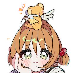 1girl :3 blush brown_hair cardcaptor_sakura closed_mouth dot_nose green_eyes hair_bobbles hair_intakes hair_ornament hand_up happy_aura head_rest highres holding kero_(cardcaptor_sakura) kinomoto_sakura notice_lines on_head one_side_up open_mouth outline portrait short_hair simple_background smile sweatdrop tail white_background wings yalmyu
