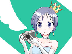 1girl aoi_illust_2077 bare_shoulders blue_choker blue_dress blue_eyes blush camera choker closed_mouth collarbone crown dot_nose dress earrings feet_out_of_frame female_focus holding holding_camera jewelry kurosaki_honoka looking_at_viewer smile solo standing upper_body wing yama_no_susume