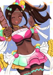 Rule 34 | 1girl, absurdres, bare shoulders, bracelet, breasts, brown hair, commentary request, cowboy shot, crop top, dark-skinned female, dark skin, eyeshadow, fire emblem, fire emblem engage, food, hair ornament, highres, holding, holding skewer, jewelry, long hair, looking at viewer, makeup, meat, medium breasts, midriff, navel, nintendo, open mouth, otokajife, pearl belt, pearl bracelet, pearl hair ornament, pink eyeshadow, ponytail, skewer, smile, solo, star-shaped pupils, star (symbol), symbol-shaped pupils, timerra (fire emblem), twitter username