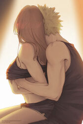 1boy 1girl bakugou_katsuki black_camisole black_pants black_shirt black_shorts blonde_hair boku_no_hero_academia breasts brown_hair camisole chocorut commentary english_commentary from_side grabbing_another&#039;s_breast grabbing_from_behind groping hand_on_another&#039;s_hand hetero highres medium_breasts medium_hair pants patreon_username shirt short_hair shorts sitting sitting_on_person spiked_hair utsushimi_kemii watermark web_address