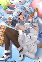 1girl :d animal_ear_fluff animal_ears ankle_garter bare_shoulders black_gloves black_pantyhose blue_hair blush braid carrot_hair_ornament coat coat_dress detached_sleeves dress fetal_position food-themed_hair_ornament full_body fur-trimmed_coat fur-trimmed_gloves fur_scarf fur_trim gloves hair_ornament highres hikimayu hololive izumi_kei long_hair looking_at_viewer mary_janes multicolored_hair off_shoulder open_mouth pantyhose pekomon_(usada_pekora) puffy_short_sleeves puffy_sleeves rabbit-shaped_pupils rabbit_ears rabbit_girl rabbit_tail red_eyes shoes short_eyebrows short_sleeves smile solo strapless strapless_coat strapless_dress swept_bangs symbol-shaped_pupils tail teeth thick_eyebrows twin_braids twintails two-tone_hair upper_teeth_only usada_pekora usada_pekora_(1st_costume) virtual_youtuber white_coat white_hair white_shoes white_sleeves
