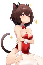 1girl :3 absurdres animal_ear_hairband animal_ears arm_under_breasts artist_request bare_arms bare_shoulders black_tail bow bowtie breasts bright_pupils brown_hair cat_ear_hairband cat_ears cat_tail collar commentary_request commission covered_navel detached_collar fake_animal_ears hairband hand_on_own_arm hand_on_own_thigh highleg highleg_leotard highres korean_commentary leotard looking_at_viewer mole mole_on_breast mole_under_eye nontraditional_playboy_bunny original oversized_breast_cup prunechi red_bow red_bowtie red_eyes red_leotard second-party_source short_hair simple_background sitting small_breasts solo sparkle sparkling_aura strapless strapless_leotard tail thighhighs white_background white_collar white_pupils white_thighhighs white_wrist_cuffs wing_collar wrist_cuffs