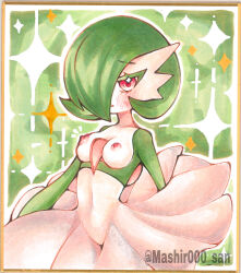 1girl amaki_mashiro artist_name blush bob_cut border breasts collarbone colored_eyelashes colored_skin cowboy_shot embarrassed female_focus gardevoir gen_3_pokemon green_background green_hair green_skin hair_over_one_eye half-closed_eyes looking_at_viewer medium_breasts multicolored_skin navel nintendo nipples notice_lines one_eye_covered outside_border parted_lips pokemon pokemon_(creature) raised_eyebrows red_eyes short_hair solo sparkle standing traditional_media twitter_username two-tone_skin watermark white_border white_skin