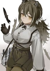 1girl animal_ears arknights azuazu_0405 bag belt black_skin breasts brown_hair brown_pantyhose brown_shorts closed_mouth collared_shirt colored_skin cross_tie expressionless freckles grey_shirt high-waist_shorts highres knife long_hair long_sleeves looking_at_viewer low_ponytail medium_breasts multicolored_hair pantyhose pantyhose_under_shorts ponytail raccoon_ears raccoon_girl raccoon_tail robin_(arknights) shirt shorts shoulder_bag simple_background solo streaked_hair tail tossing two-tone_hair white_background white_hair yellow_eyes